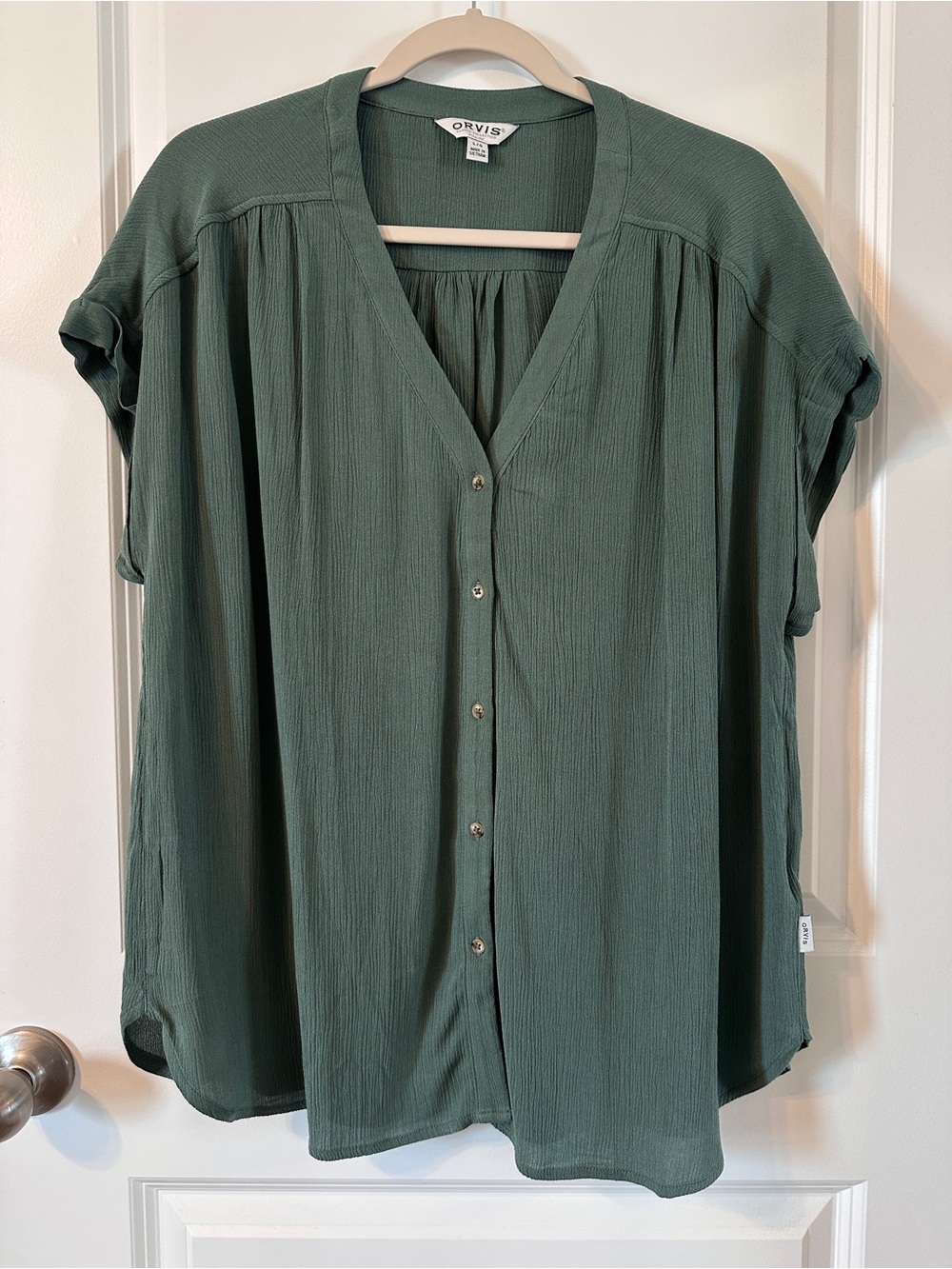 Orvis Women's Green Button-Front V-Neck Short Sleeve Top, Large